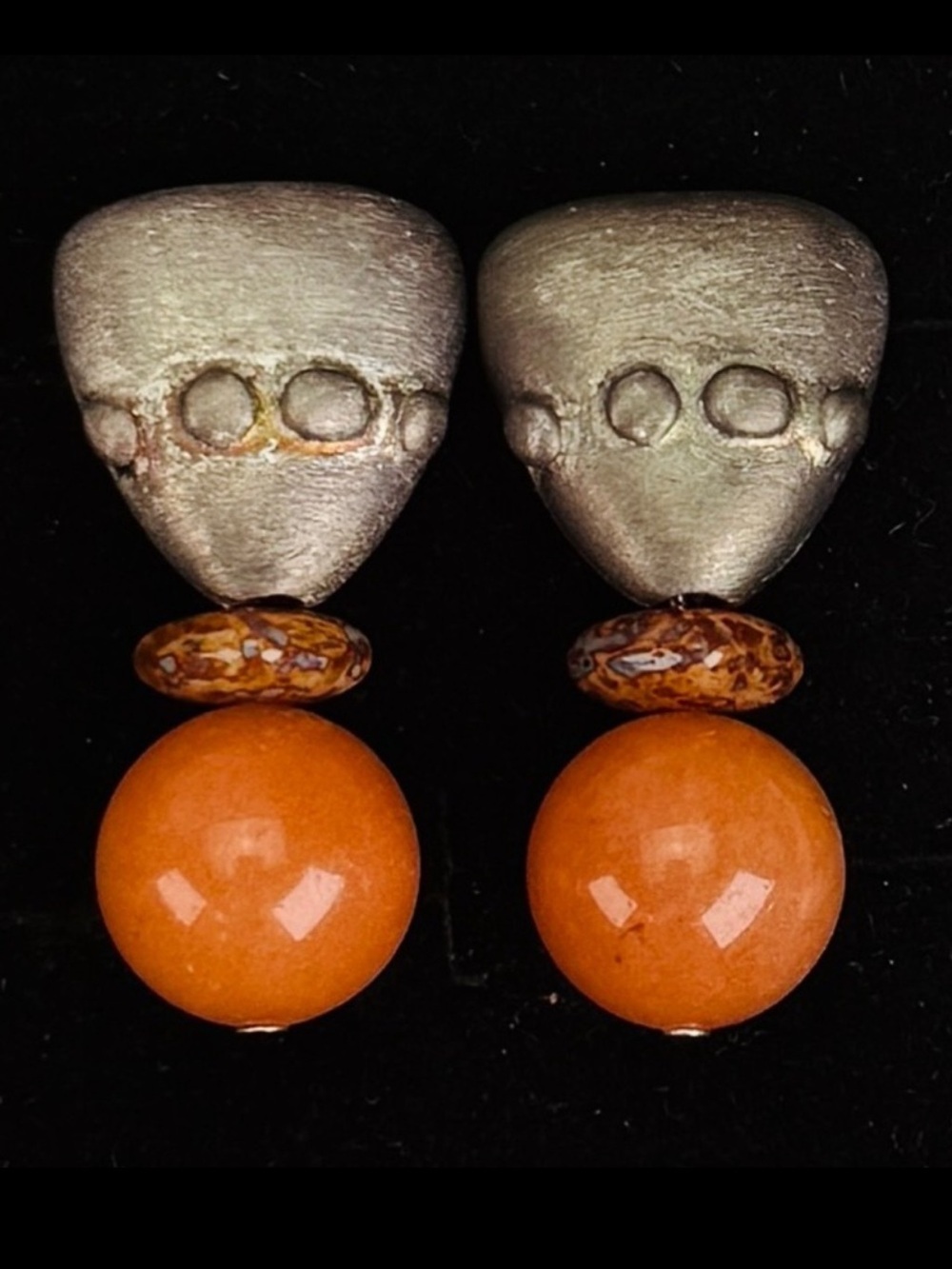 Vintage Aged Silvertone and Orange Stone Drop Pierced Earrings